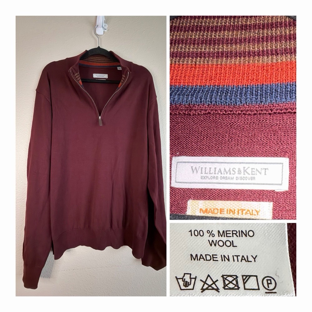 Williams & Kent Men's XXL 100% Merino Wool Quarter Zip Sweater Burgundy Italy